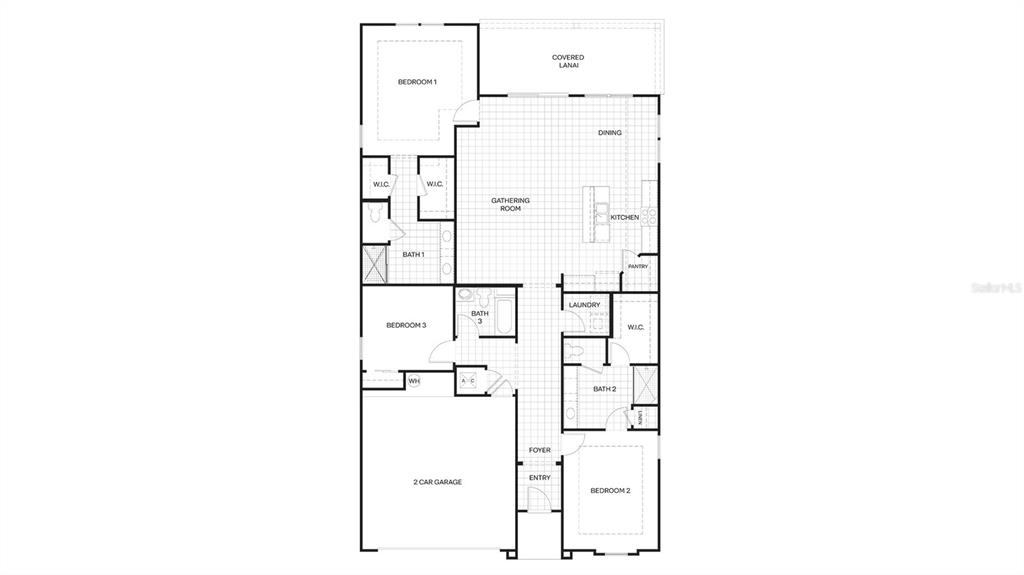 This is a floor plan for a single-story home with three bedrooms and a garage — 46 HARDWOOD TRAIL, PALM COAST, FL