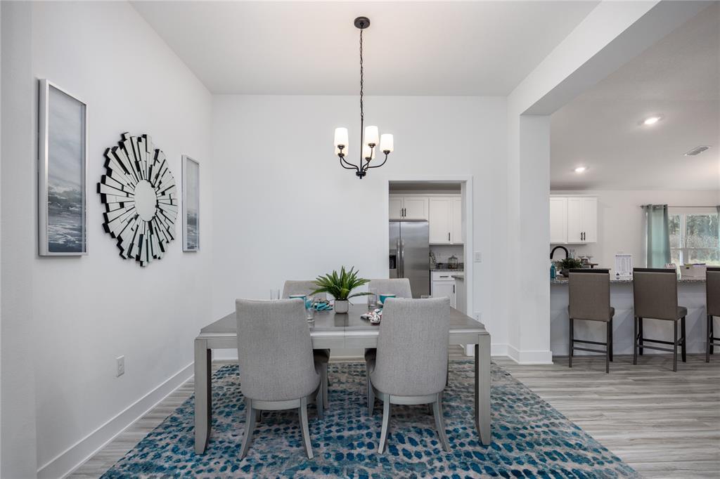 A dining area features a rectangular table, four upholstered chairs, a chandelier, and a rug — 13622 NW 150TH CIRCLE, ALACHUA, FL