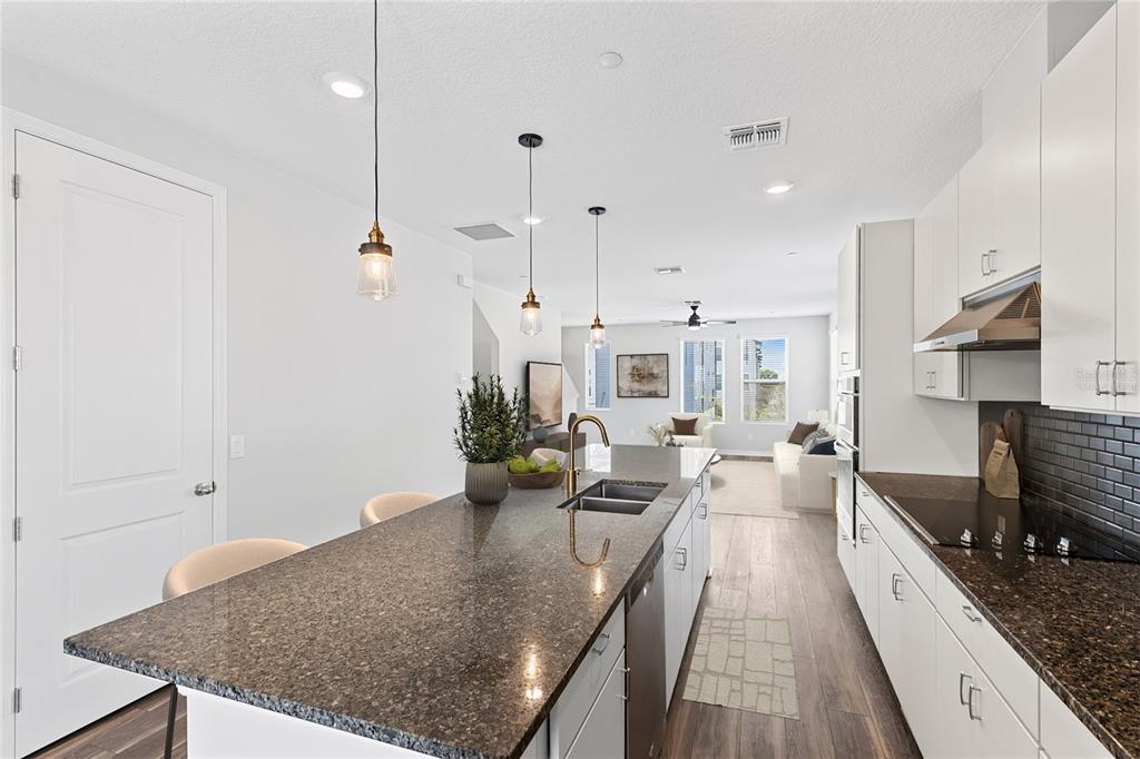 A modern kitchen features a granite-topped island, white cabinetry, and an open-concept living area — 12905 GABOR AVENUE, ORLANDO, FL