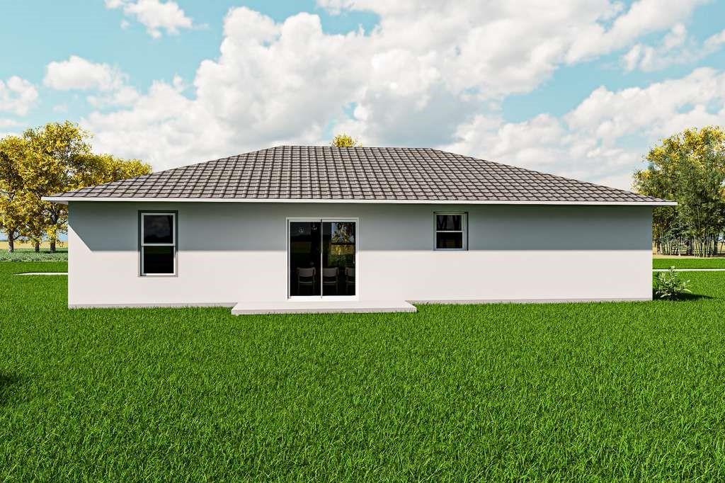 A digital rendering of the rear exterior of a single-story house with a hip roof — 00 NW FALCON AVENUE, DUNNELLON, FL