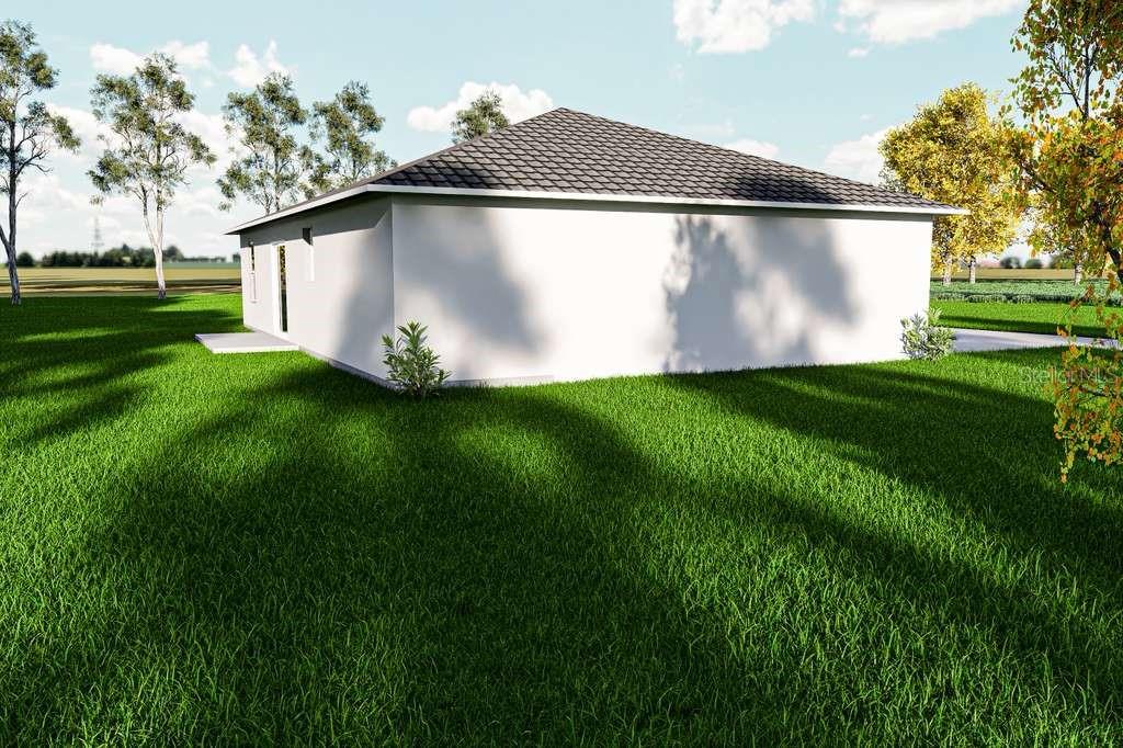 A digital rendering shows the exterior side and back view of a white house — 00 NW FALCON AVENUE, DUNNELLON, FL