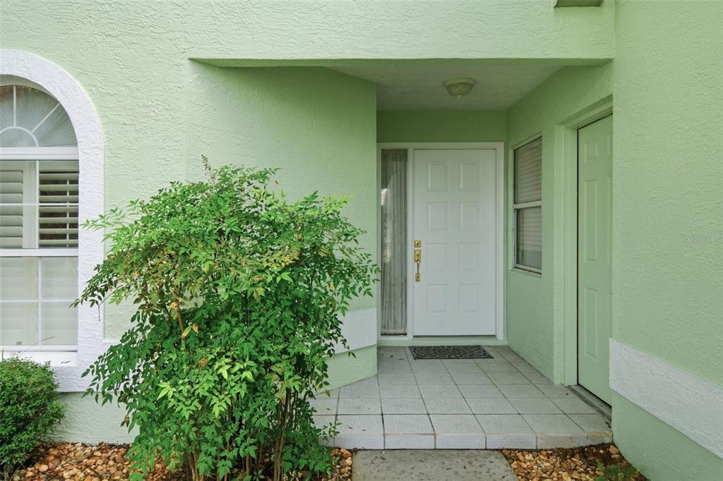A light green exterior home entrance features a white front door and a tiled porch — 808 LANARK COURT, INVERNESS, FL