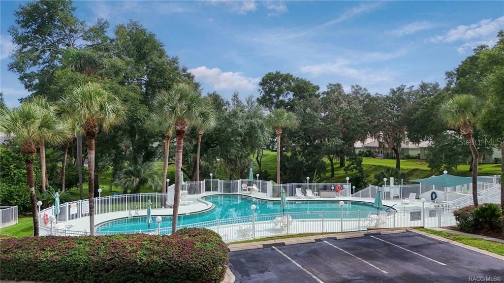 An outdoor swimming pool is surrounded by a white fence, palm trees, and a parking lot — 808 LANARK COURT, INVERNESS, FL