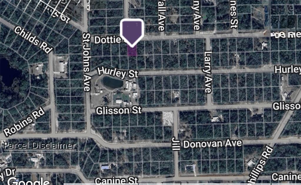 This is a satellite map showing a highlighted parcel of land in a residential area — 109 DOTTIE STREET, INTERLACHEN, FL