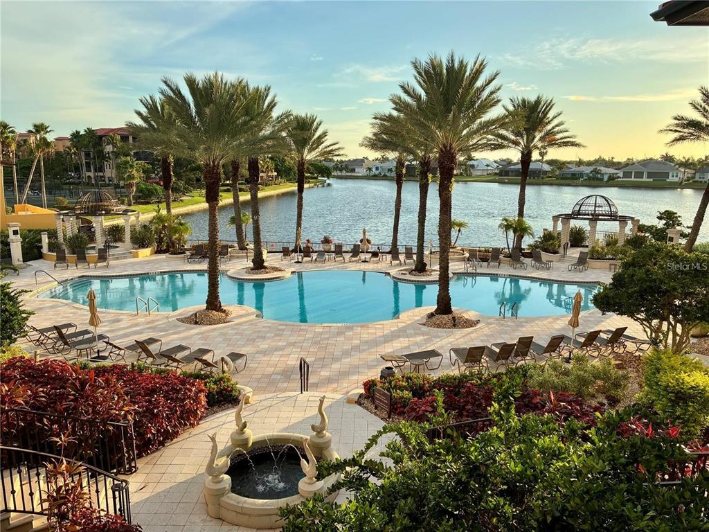 An outdoor swimming pool with palm trees and a fountain overlooks a lake at sunset — 99 VIVANTE BOULEVARD UNIT 9949, PUNTA GORDA, FL