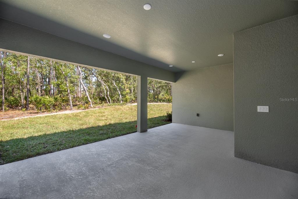 A covered concrete patio overlooks a grassy backyard with a wooded area in the distance — 13454 SW 67TH LANE, OCALA, FL