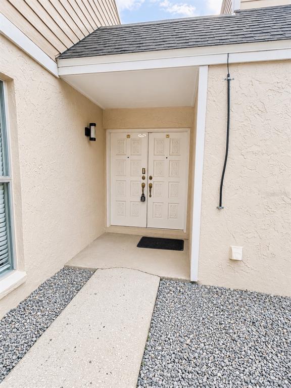 A concrete walkway leads to a white double front door under a covered entryway — 17708 RIVENDEL ROAD, LUTZ, FL