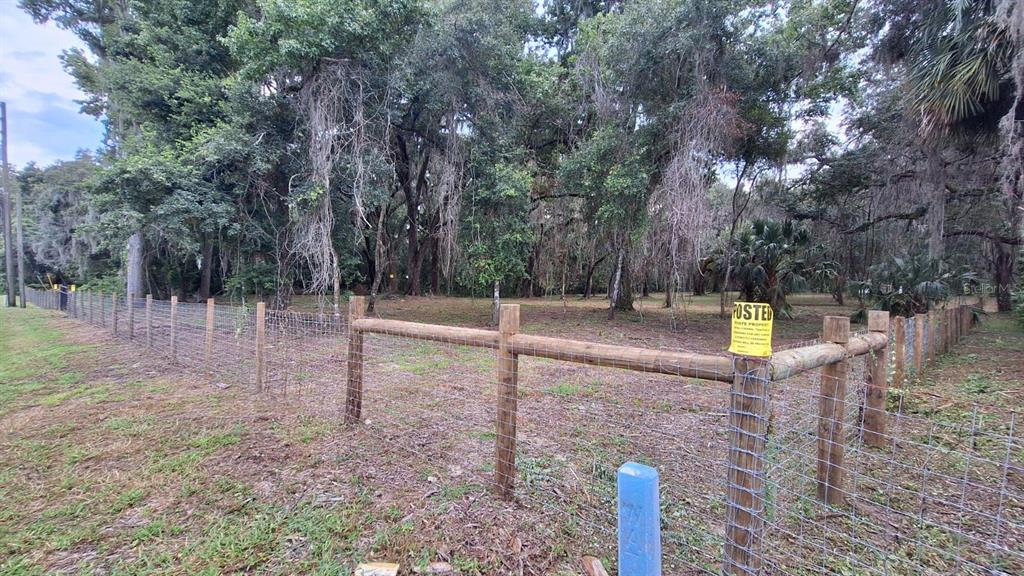A fenced, wooded lot features a posted sign on a wooden post in the foreground — 5316 SW 13TH STREET, GAINESVILLE, FL