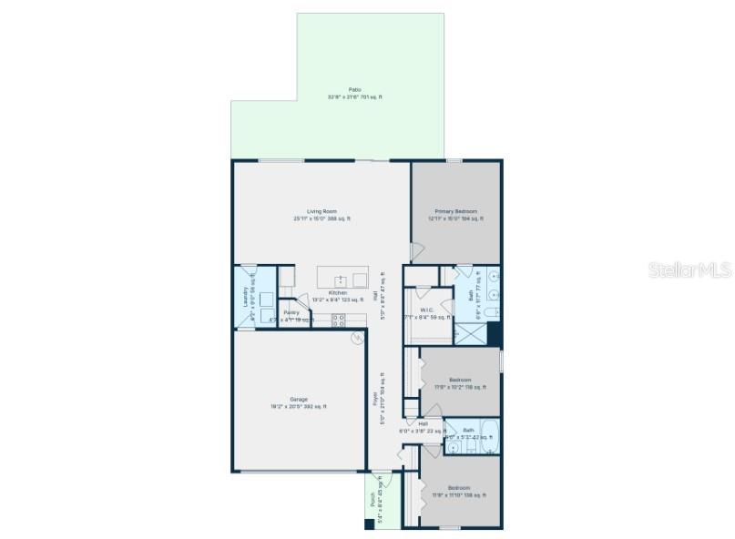 This is a floor plan of a single-story house with a garage, patio, and three bedrooms — 6671 MINERAL SPRINGS ROAD, NEW PORT RICHEY, FL