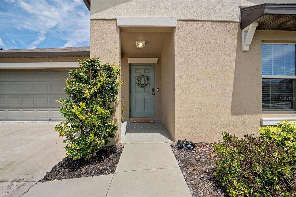 A light-colored house exterior features a blue front door, a garage, and a walkway — 6671 MINERAL SPRINGS ROAD, NEW PORT RICHEY, FL