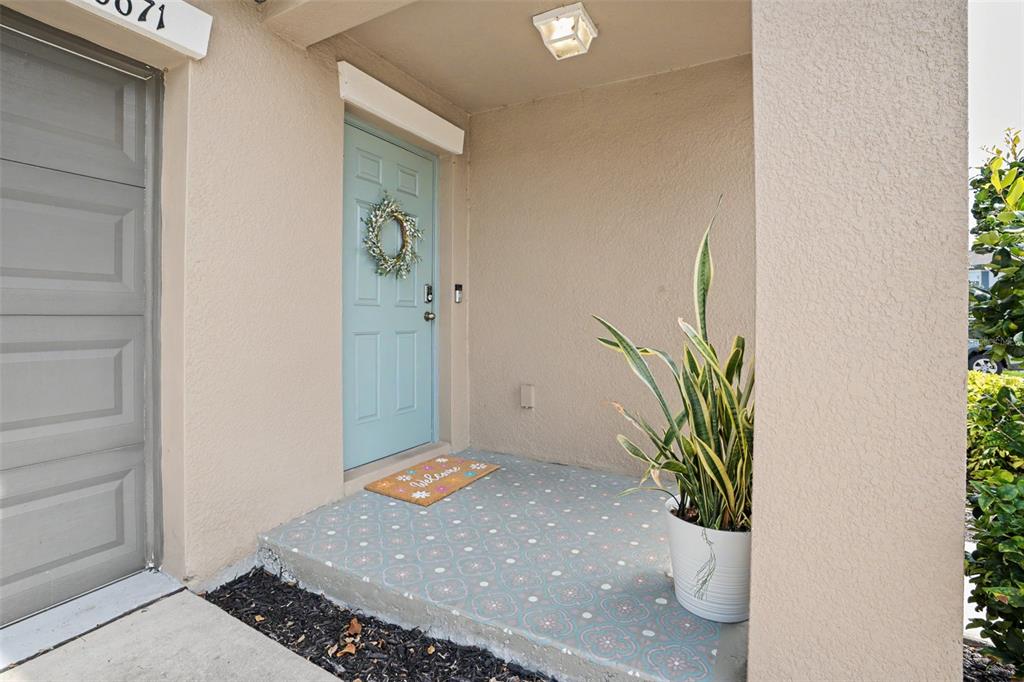 A light blue front door with a wreath sits next to a potted snake plant — 6671 MINERAL SPRINGS ROAD, NEW PORT RICHEY, FL