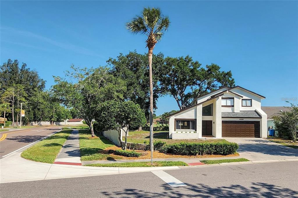 A two-story house with a brown garage door and a tall palm tree in front — 16169 GARDENDALE DRIVE, TAMPA, FL