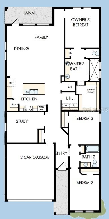 This is a floor plan for a single-story home with three bedrooms, a study, and garage — 5086 CHAPEL ROW AVENUE, APOLLO BEACH, FL