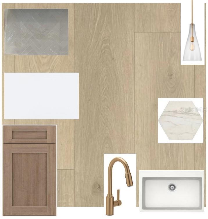 This digital design board displays kitchen finishes including wood cabinets, light flooring, and gold fixtures — 5086 CHAPEL ROW AVENUE, APOLLO BEACH, FL