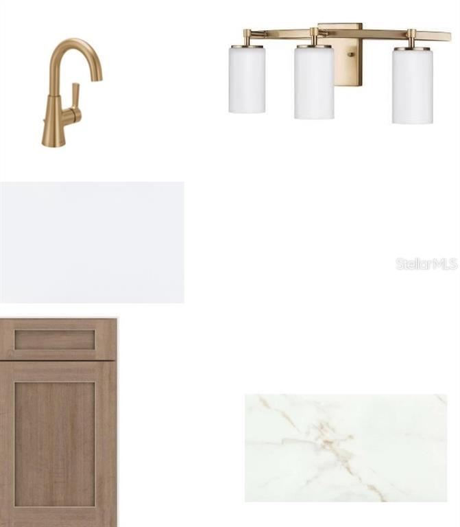 This image is a digital rendering of bathroom finish selections, including cabinetry, hardware, and lighting — 5086 CHAPEL ROW AVENUE, APOLLO BEACH, FL