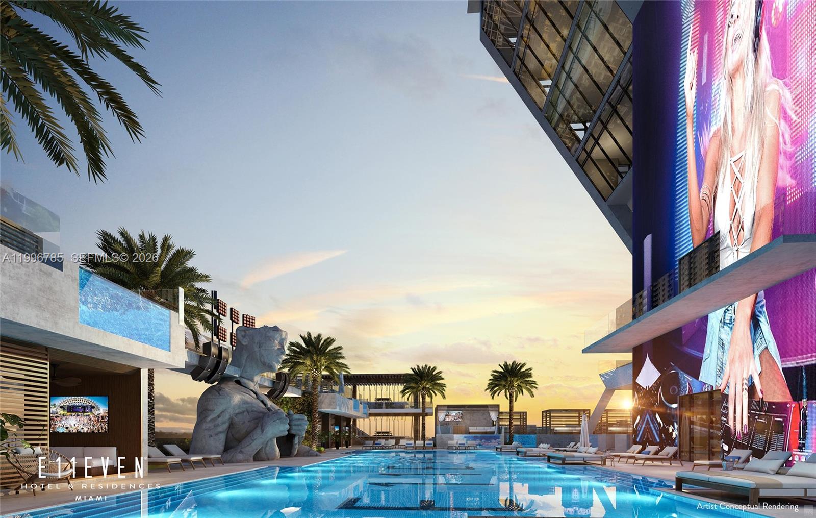 This is an artist rendering of an outdoor swimming pool deck with palm trees and sculptures — 20 NE 11th St # 4308, Miami FL 33132, MIAMI, FL