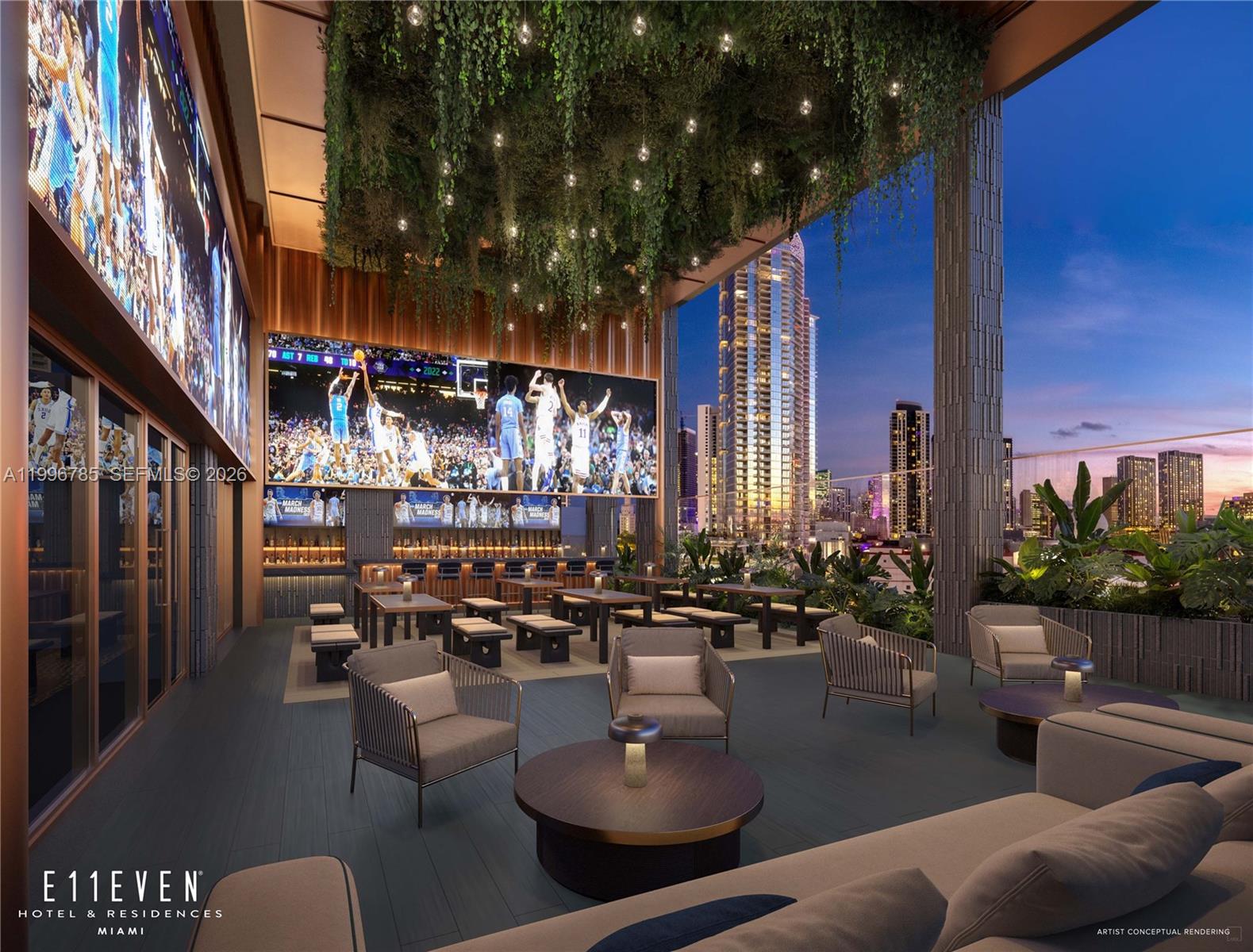 This architectural rendering shows an outdoor lounge with a large screen, seating, and city views — 20 NE 11th St # 4308, Miami FL 33132, MIAMI, FL