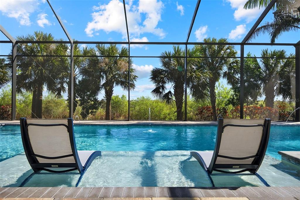 Two lounge chairs sit in a shallow pool shelf inside a screened-in lanai with palms — 8276 REDONDA LOOP, LAKEWOOD RANCH, FL