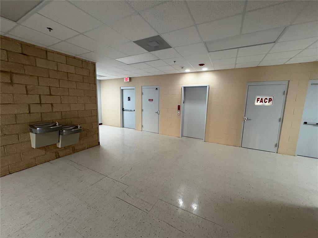 A hallway with a block wall, water fountains, and several doors including one labeled FACP — 13250 N 56TH STREET UNIT 103, TEMPLE TERRACE, FL