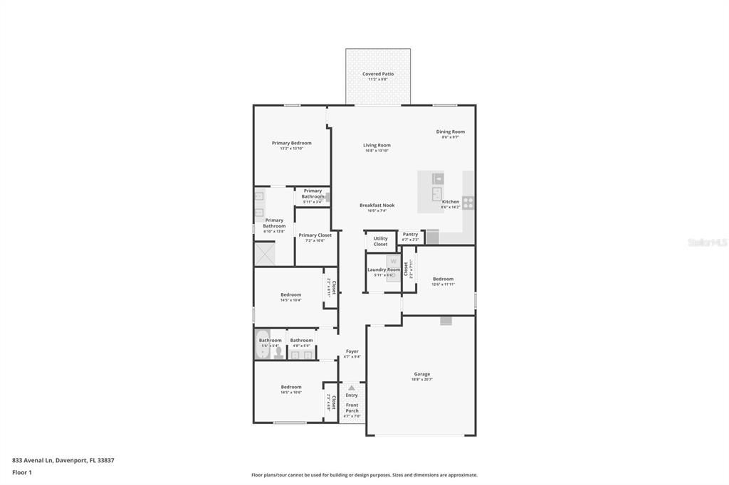 This is a floor plan for a single-story house with a garage and covered patio — 833 AVENAL LANE, DAVENPORT, FL
