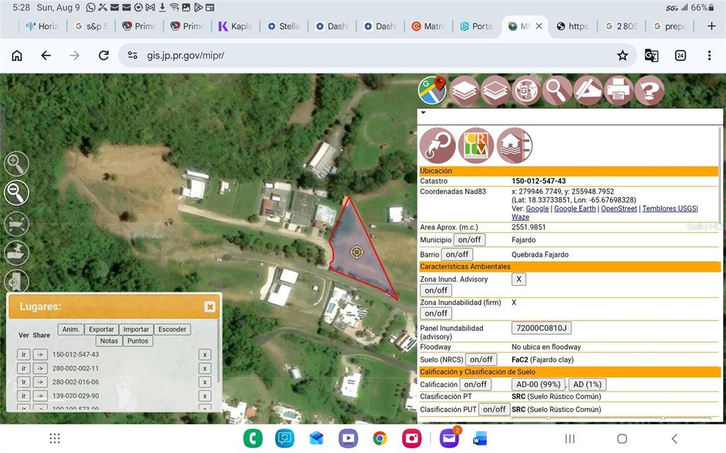 This is a digital map showing a highlighted triangular land parcel in a rural area — PR 985 QUEBRADA FAJARDO UNIT 4F, FAJARDO, PR