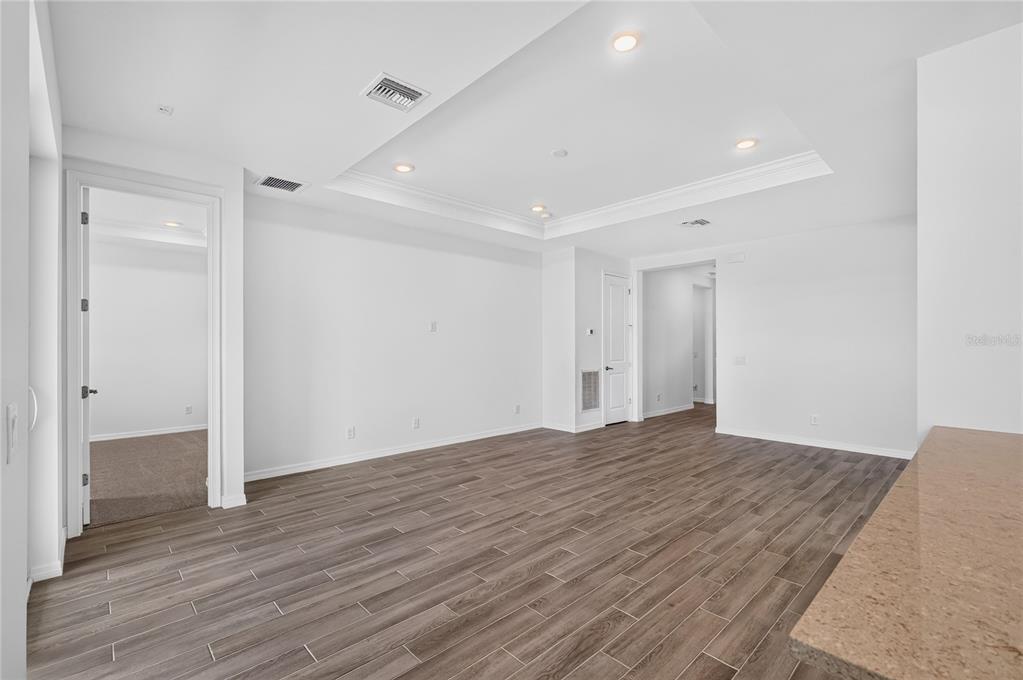 An empty room with wood-look tile flooring, white walls, and a recessed tray ceiling — 15766 ELINA SKY DRIVE, PUNTA GORDA, FL