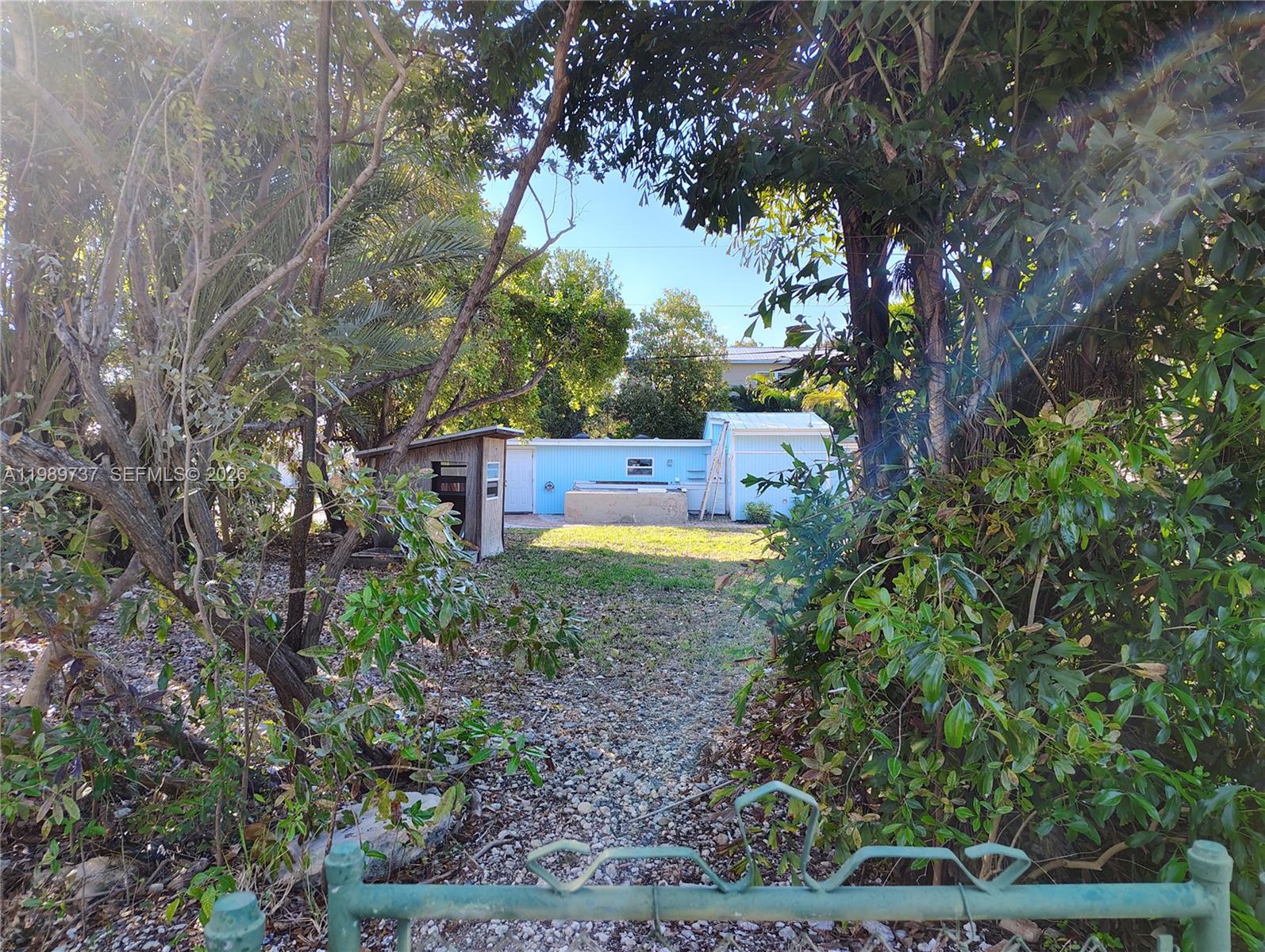 A gravel path leads through trees toward a light blue house with a shed — 2330 Staples ave, Key West FL 33040, KEY WEST, FL