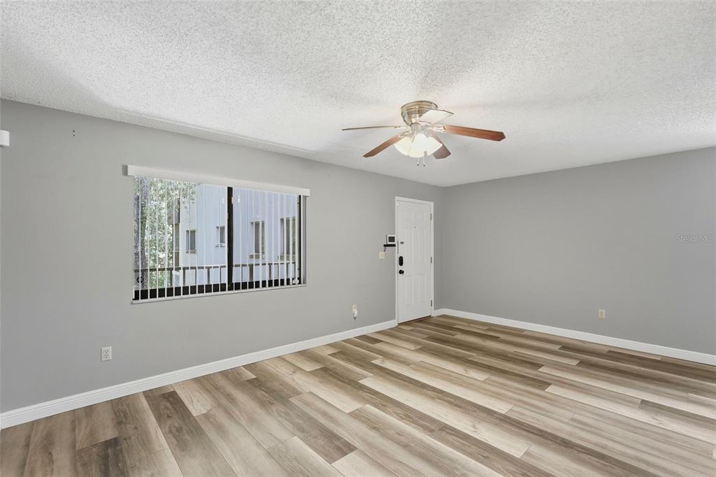 An empty room features gray walls, wood-look flooring, a ceiling fan, and a white door — 11709 RAINTREE VILLAGE BOULEVARD UNIT C, TEMPLE TERRACE, FL