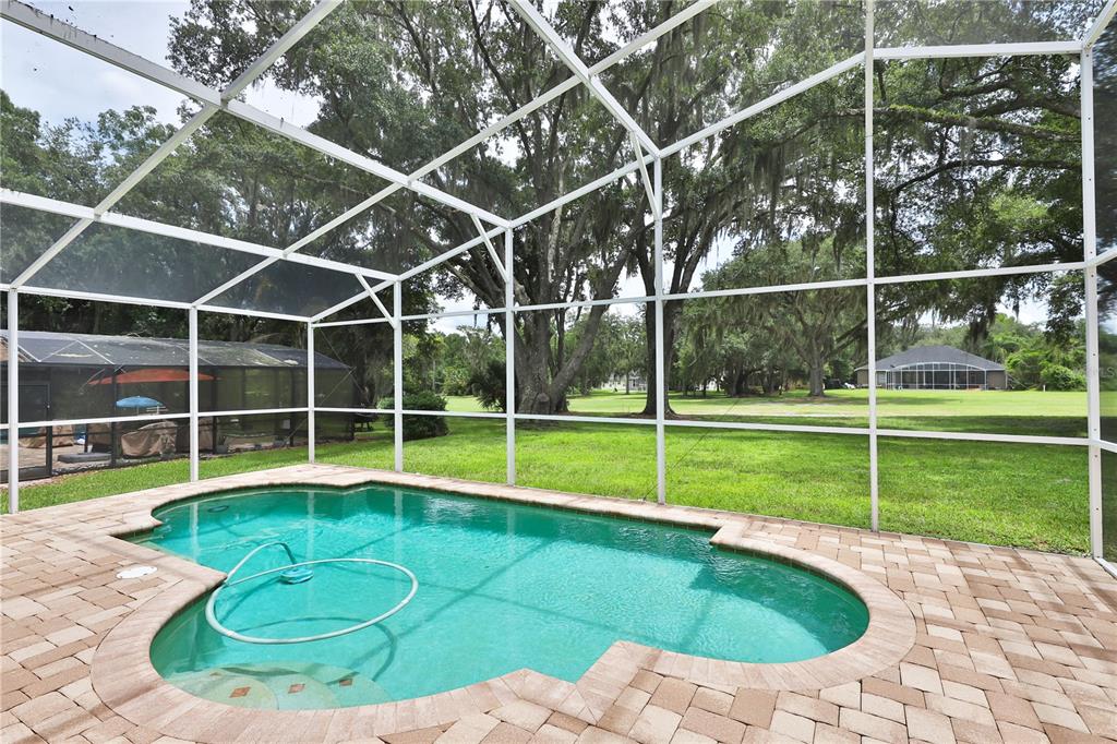 A screened-in swimming pool with a brick paver deck overlooks a large, grassy backyard — 2578 EKANA DRIVE, OVIEDO, FL