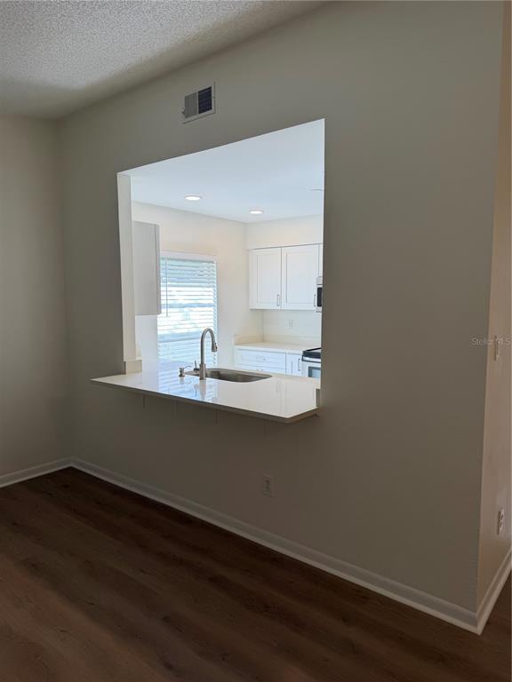 A kitchen pass-through window with a white countertop overlooks a kitchen with white cabinets — 518 BRYAN VALLEY COURT, BRANDON, FL