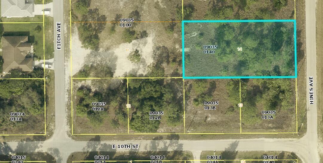 This is a satellite map view showing a rectangular plot of land highlighted in blue — 1003 Hines Avenue, FL 33920, FL