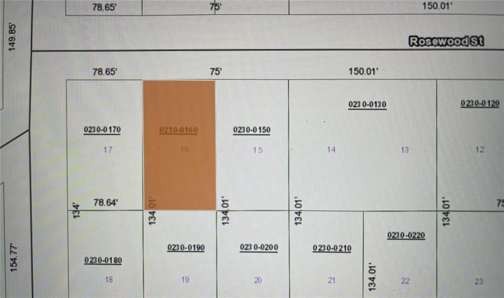 This image is a property map showing lot dimensions and parcel numbers along a street — 103 ROSEWOOD STREET, GEORGETOWN, FL
