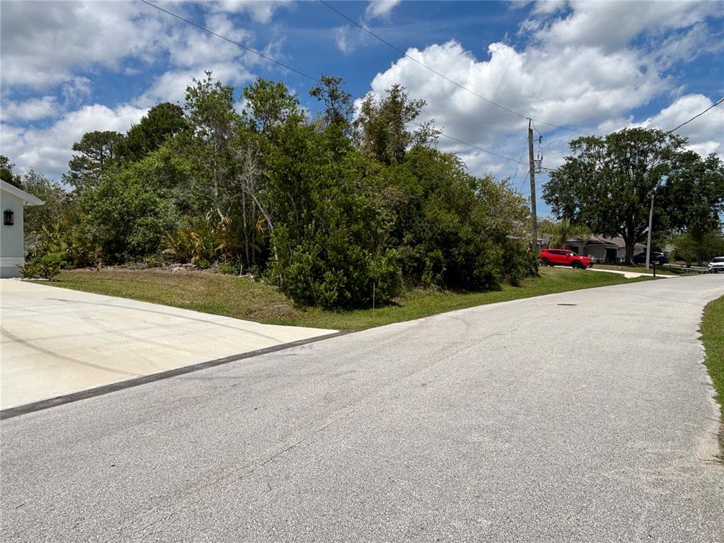 A vacant, wooded corner lot sits next to a paved driveway and residential street — 28 FALLWOOD LANE, PALM COAST, FL