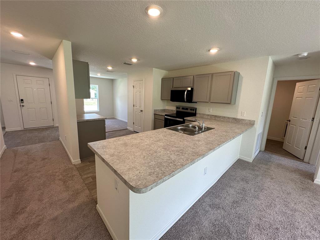 A kitchen with gray cabinets and a laminate countertop overlooks a carpeted living area — 48 RIPPLING BROOK DRIVE, PALM COAST, FL