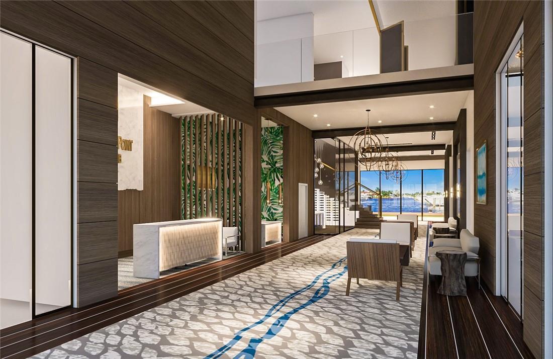 This rendering shows a modern lobby with wood-paneled walls, a reception desk, and patterned flooring — 2717 NE 42nd Street # 2717, Lighthouse Point FL 33064, LIGHTHOUSE POINT, FL
