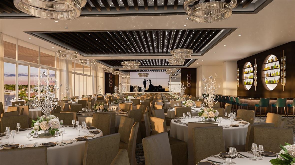 This rendering shows a formal dining room with round tables, chandeliers, and a bar area — 2717 NE 42nd Street # 2717, Lighthouse Point FL 33064, LIGHTHOUSE POINT, FL