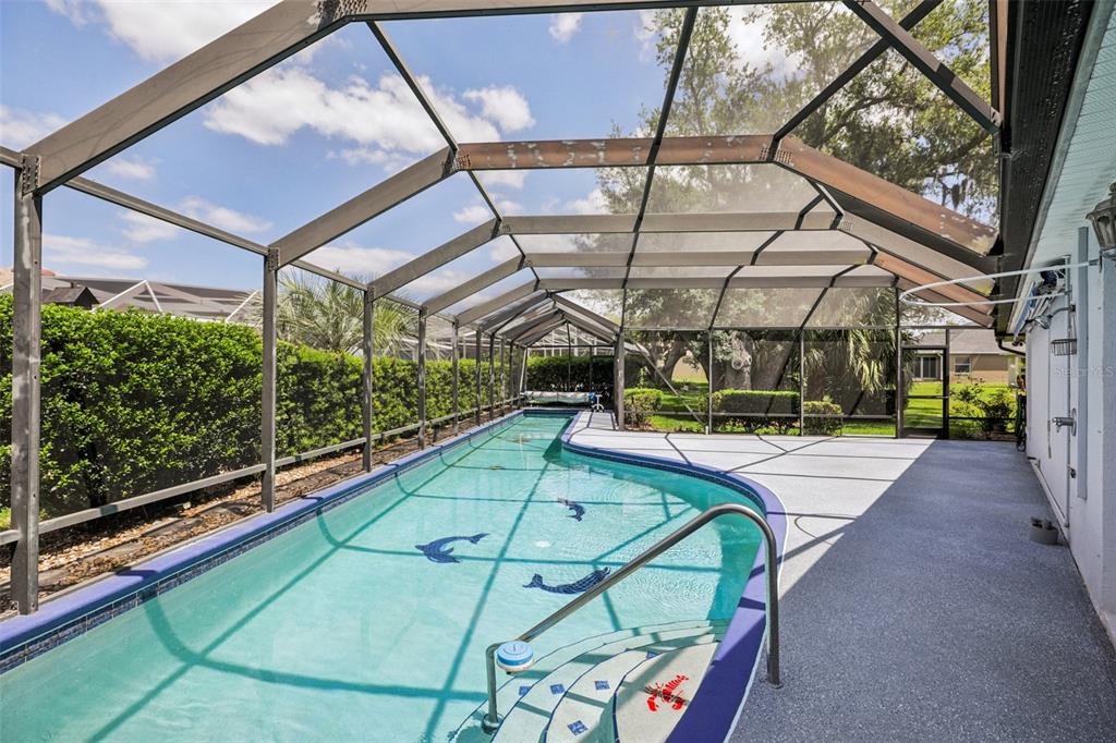 A screened-in swimming pool with dolphin and lobster tile accents sits beside a concrete patio — 8690 SE 173RD WISTERIA STREET, THE VILLAGES, FL