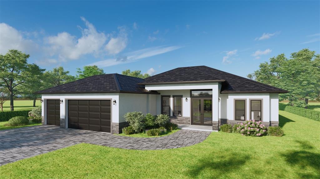 A digital rendering of a single-story modern house with a dark roof and stone accents — 261 TOURNAMENT ROAD, ROTONDA WEST, FL