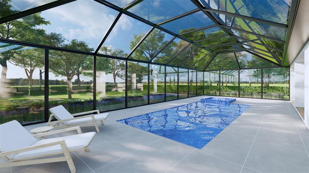 This is a rendering of an indoor swimming pool with a glass-enclosed ceiling and walls — 261 TOURNAMENT ROAD, ROTONDA WEST, FL