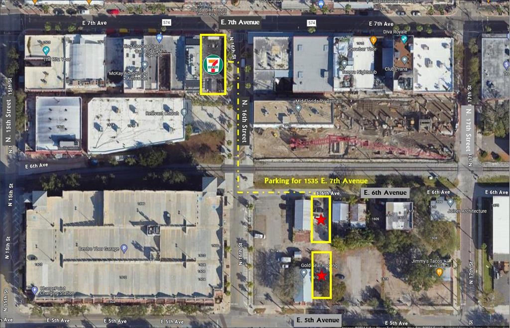This aerial map shows a commercial property location with highlighted parking areas and nearby businesses — 1535 E 7TH AVENUE, TAMPA, FL