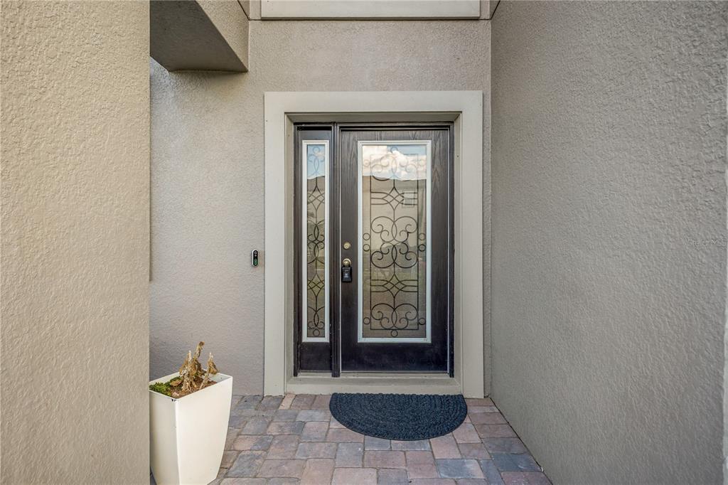 A dark wood front door with glass inserts and a sidelight sits in a stucco entryway — 32455 SAPNA CHIME DRIVE, WESLEY CHAPEL, FL