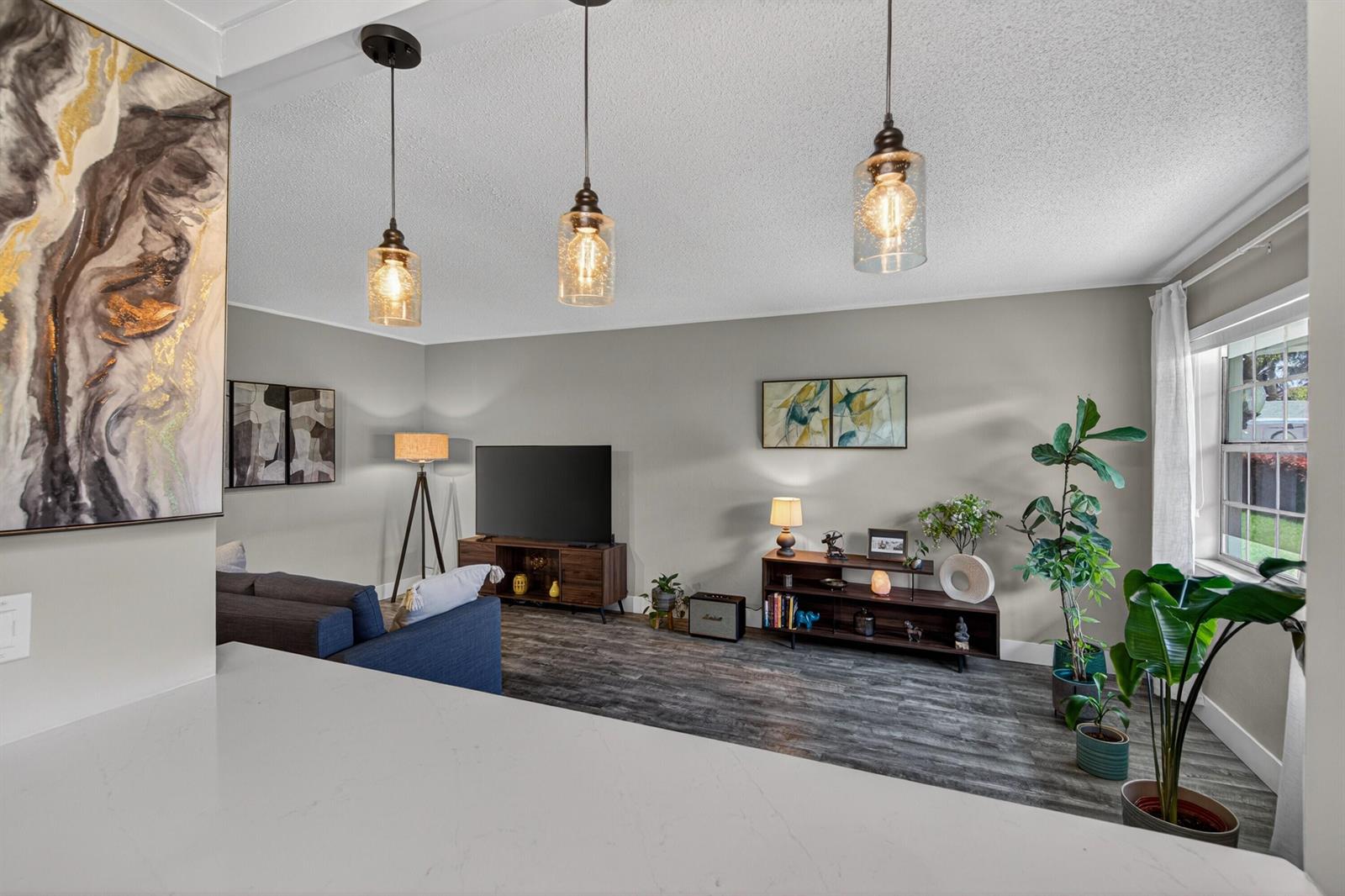 A living room features gray walls, wood-look flooring, three pendant lights, and a television console — 2110 NE 42nd Street # 4b, Lighthouse Point FL 33064, LIGHTHOUSE POINT, FL