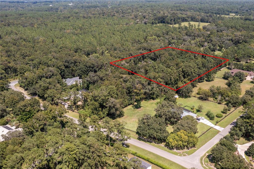 An aerial view shows a wooded lot outlined in red next to residential properties — 10971 SW 8TH AVENUE, GAINESVILLE, FL