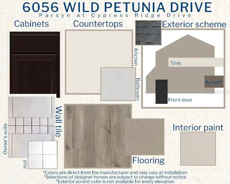 This design board displays interior and exterior finish selections for a residential property — 6056 WILD PETUNIA DRIVE, WIMAUMA, FL