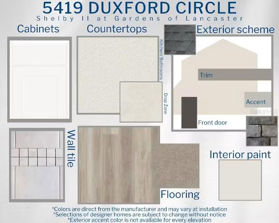 This design board displays material and color selections for a home's interior and exterior finishes — 5419 DUXFORD CIRCLE, ST CLOUD, FL