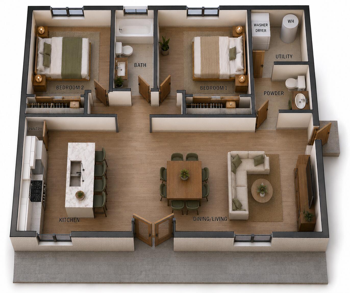 This 3D floor plan rendering shows a two-bedroom apartment with an open-concept kitchen and living area — 4805 34th Avenue, Vero Beach FL 32967, VERO BEACH, FL