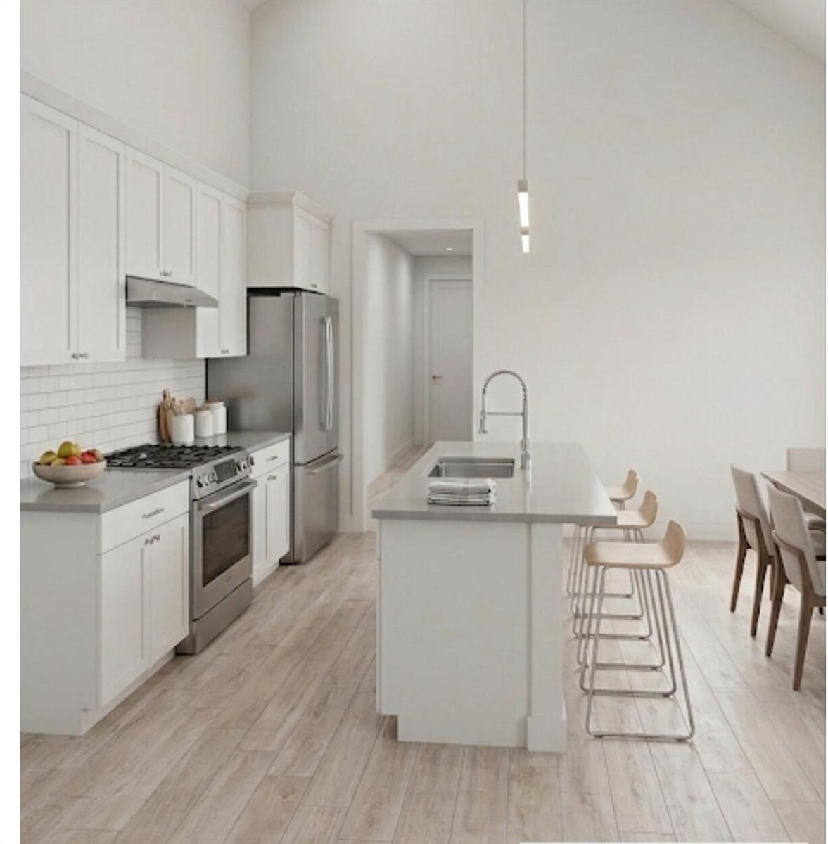 This rendering shows a modern kitchen with white cabinets, stainless steel appliances, and a central island — 4805 34th Avenue, Vero Beach FL 32967, VERO BEACH, FL
