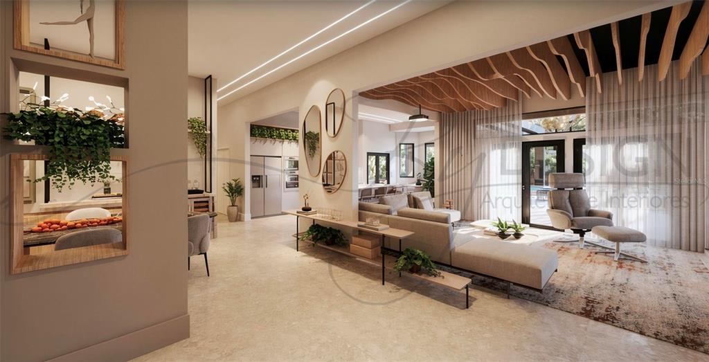 This rendering shows an open-concept living area with modern furniture, wood ceiling slats, and tile — 10473 CROMWELL GROVE TERRACE, ORLANDO, FL
