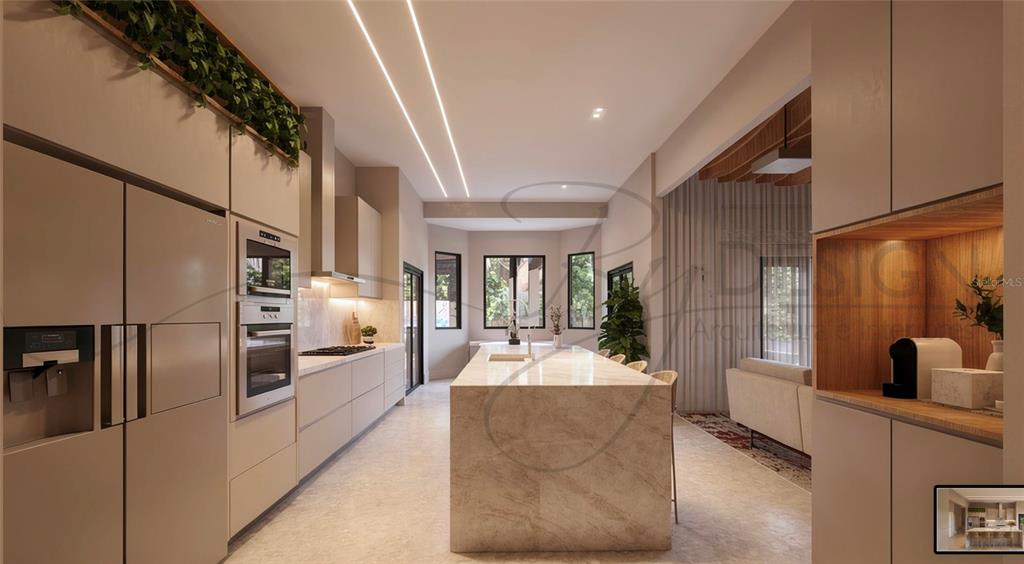 This rendering shows a modern kitchen with a large marble island and light-colored cabinetry — 10473 CROMWELL GROVE TERRACE, ORLANDO, FL