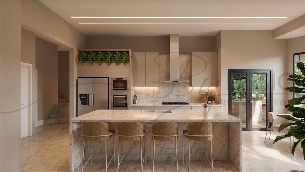 This rendering shows a modern kitchen with a marble island, neutral cabinetry, and linear lighting — 10473 CROMWELL GROVE TERRACE, ORLANDO, FL